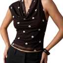 Milumia Women's Polka Dots Mesh Tank Top Ruffle Cowl Neck Sleeveless Sheer Going Out Crop Tops (Black)