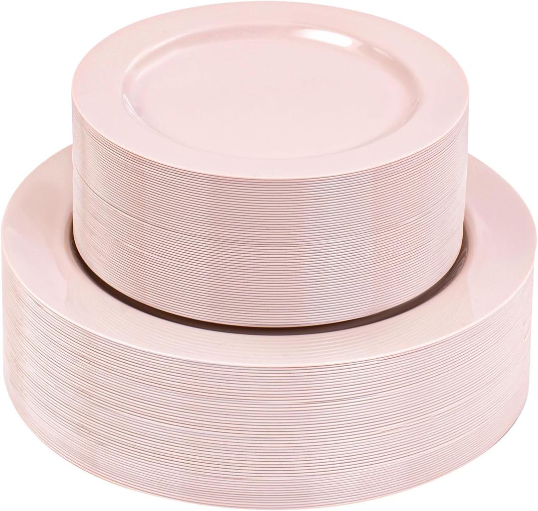 FLOWERCAT 100PCS Pink Plastic Plates - Heavy Duty Pink Party set Disposable serve for 50 guests -10.25inch Dinner + 7.5inch Dessert/Salad Plates for Easter,Mother's Day