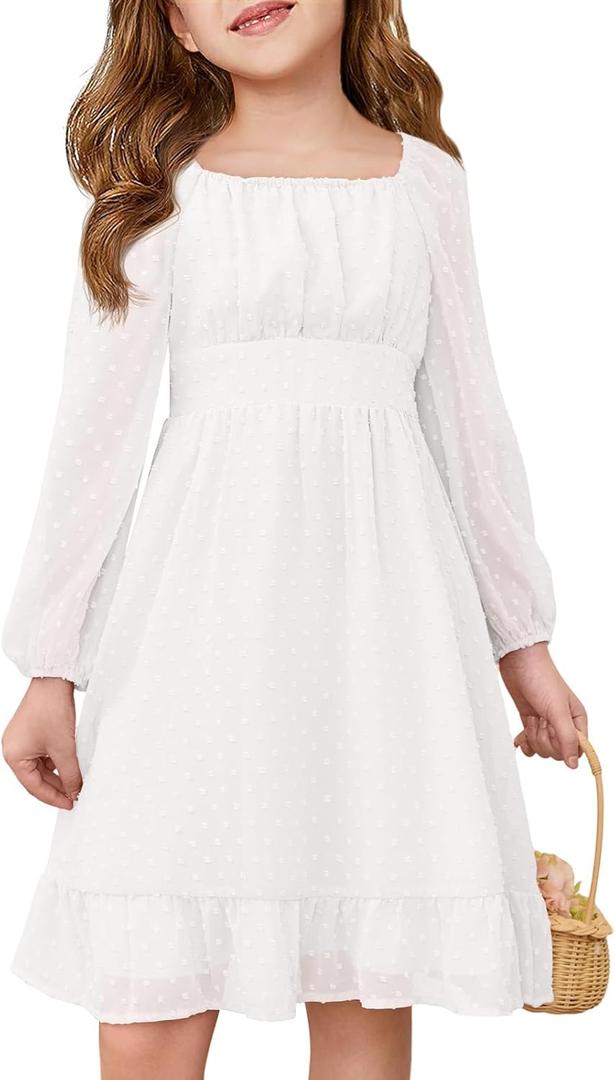 Haloumoning Girls Long Sleeve Dress Kids Ruffle Tiered Dress Swiss Dot Flowy A Line Dresses 5-14 Years