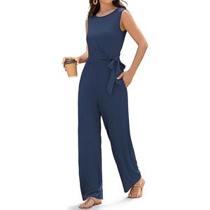 ZAFUL Women's 2025 Summer Dressy Jumpsuits Casual Ribbed One Piece Outfit Pockets Belt Bow Sleeveless Long Wide Pants Rompers
Size  S