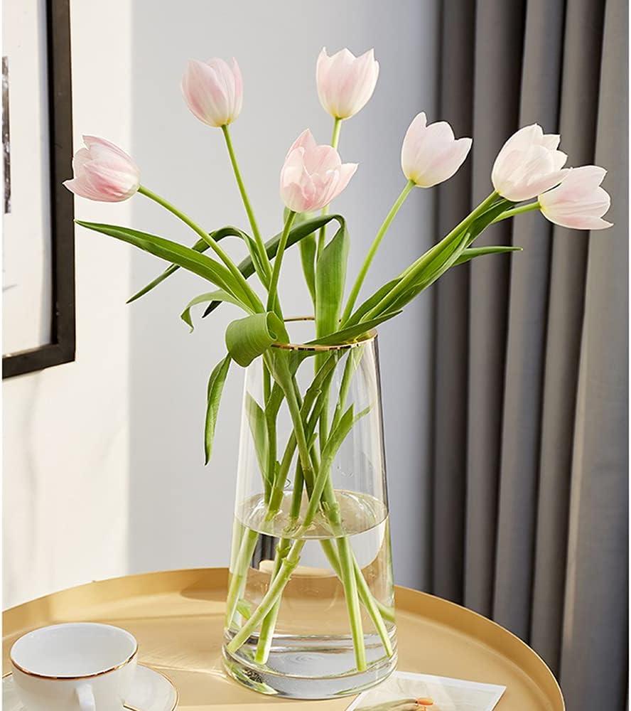 Clear Glass Flower Vase with Gold Mouth for Centerpieces Home Wedding Decoration (1, Large 5.2" x 9.9)
