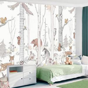CHDITB Forest Wildlife Animals Kids Room Wallpaper (161”x109”, No Peel&Stick), Squirrel Fox Bear Deer Rabbit Wall Mural Decor, Cute Woodland Nature Safari Wall Decal Art for Boys Room Playroom