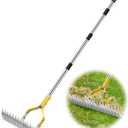 Thatch Rake, 15 Inch Wide Lawn Thatching Rakes for Cleaning Dead Grass, Efficient Metal Steel Lawn Dethatcher with Sponge Handle, Lawn loosening Soil Grass Rake (Silver)