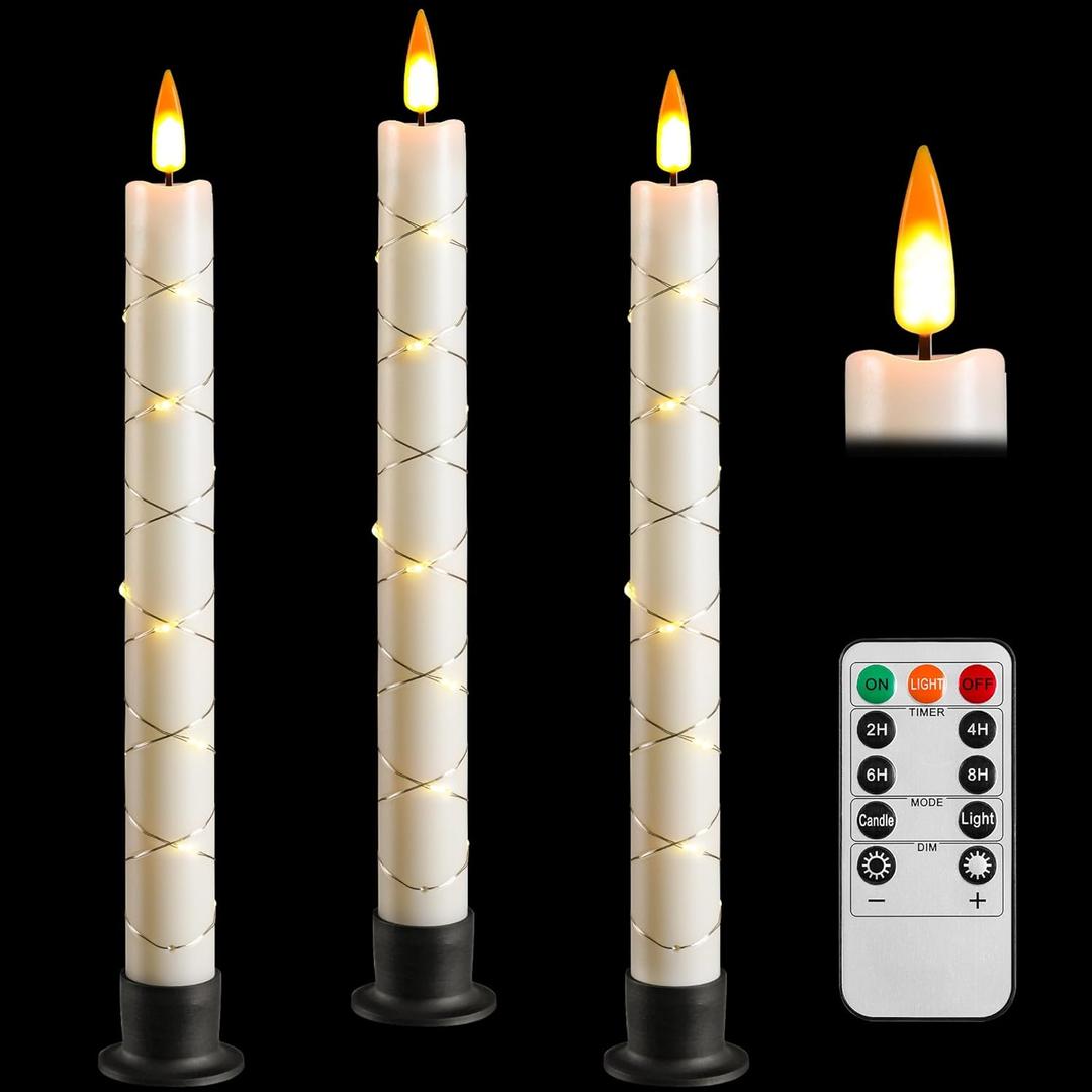 Da by 3 Flameless Window Candles with Remote Control & Timer, Battery Powered Surround Fairy Lamp, 9.6" Christmas Candle, Free 3 Black Bases for Home, Festive, Christmas, Wedding & Event Decoration