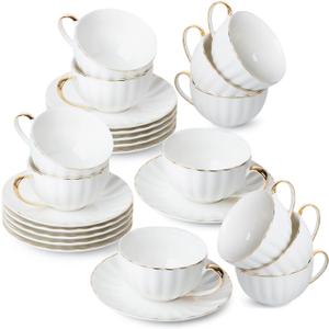 BTaT- Cappuccino Cups with Saucers 7 oz, Set of 12, White Porcelain Coffee Cup and Saucer Set for Latte with Golden Trim Design, Dishwasher Safe, Mocha, Tea, Au Lait, Flat White, Mothers Day Gift