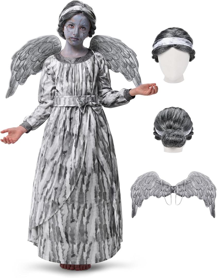 Spooktacular Creations Girls Angel Costume, Kids Halloween Sculpture Statue Pattern Costume, Fallen Angel Dress for Cosplay (Small(5-6 yrs))