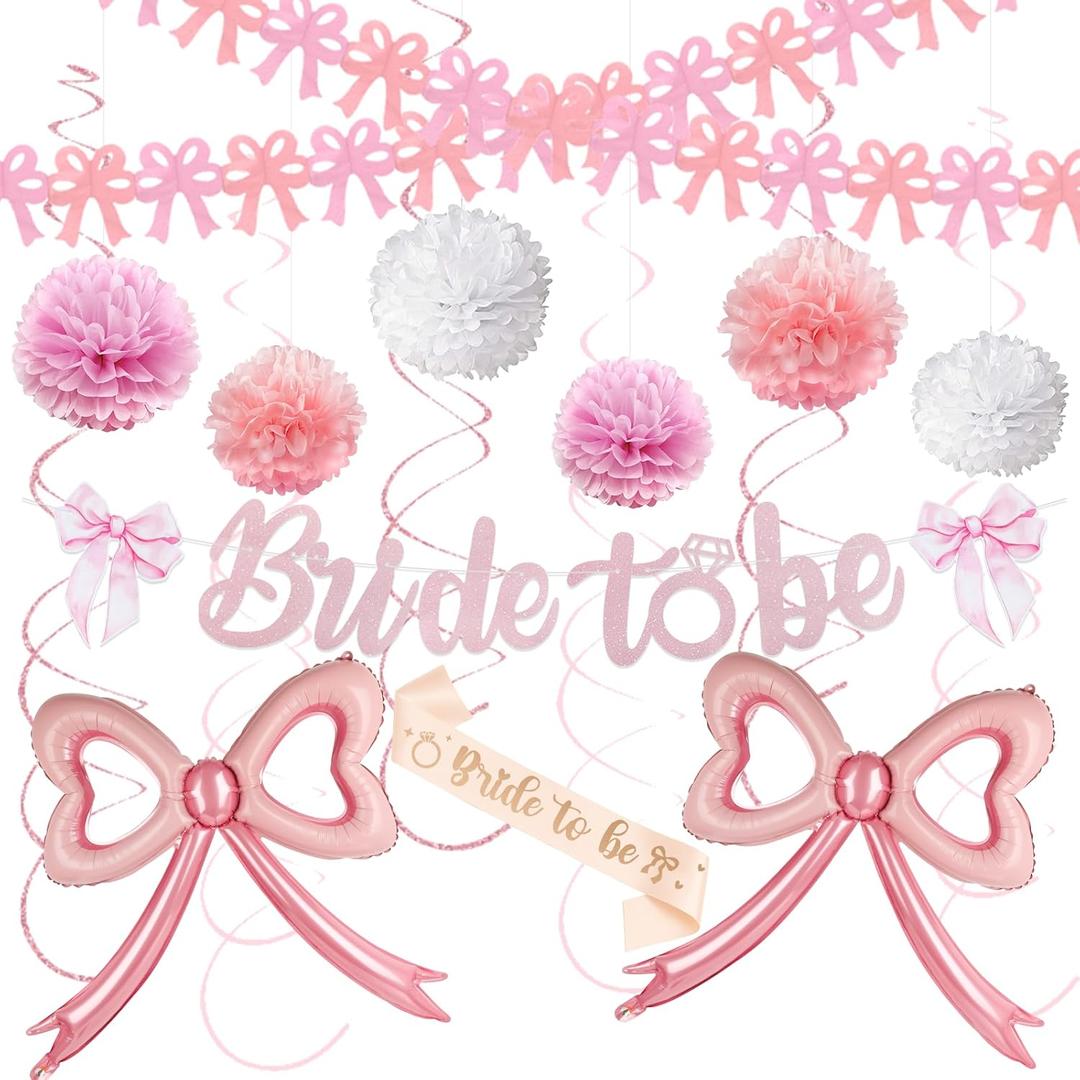 2 x Pink Bow Bachelorette Party Decorations - Bride-to-be Decorations with Bride-to-be Sign Banner, Bride Sash, Bow Balloons for Pink Tying the Knot Bridal Shower Bachelorette Decor