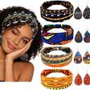 MJFSGYO African Head Wraps for Black Women, 4 Pieces Non-Slip Stretchy Boho Headbands and 4 pairs Lightweight Teardrop African Leather Earrings, Bright Print Yoga Headwrap for Workout