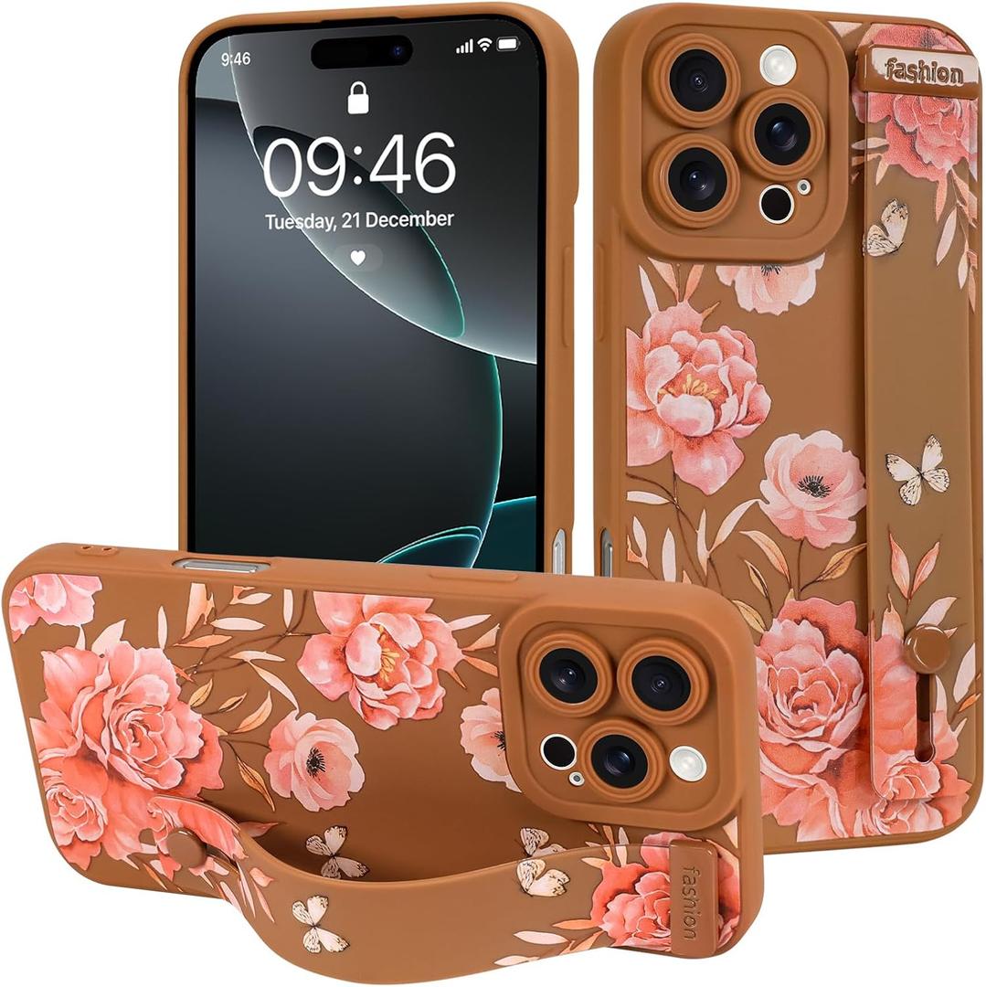 MOWIME for iPhone 16 Pro Max Case with Wrist Strap, Cute Flower Rose Butterfly Design for Women Girls Soft TPU Slim Protective Case Anti-Scratch Shockproof Cover with Adjustable Holder - Brown