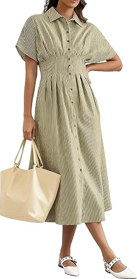 SAFRISIOR Women Button Front Pleated Shirt Maxi Dress Summer Green Striped Short Sleeve Collar Casual Long Dresses, Size XXL
