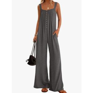 KIRUNDO Summer One Piece Jumpsuits For Women 2025 Casual Loose Button Sleeveless Romper Knit Wide Leg Overalls With Pockets M Green