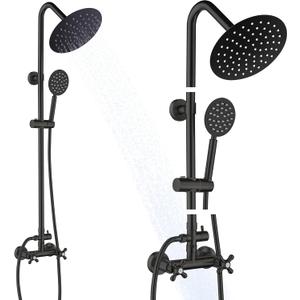 Matte Black Outdoor Shower Kit, 2 Handle 8 Inch Round Rain Shower Head Outdoor Shower Fixtures Faucet System with High Pressure Handheld Spray, Wall Mounted 