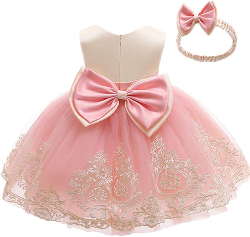 CMMCHAAH 0-6T Baby Girls Pageant Lace Embroidery Dresses Toddler Party Bowknot Tutu Gown Dress with Headwear (12-18 Months, Pink)