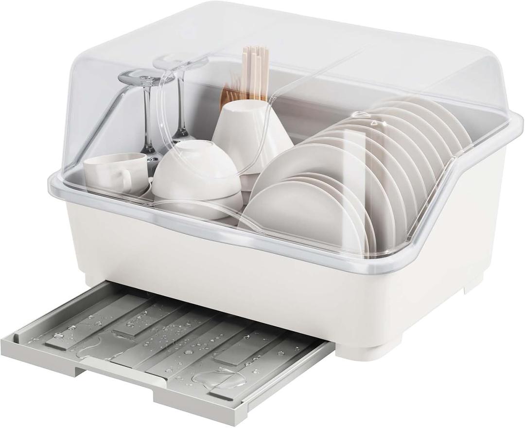Tomorotec Plastic Dish Drying Rack & Drain Board with Lid Cover Light White, 15.8 x 12.2 x 10 inches