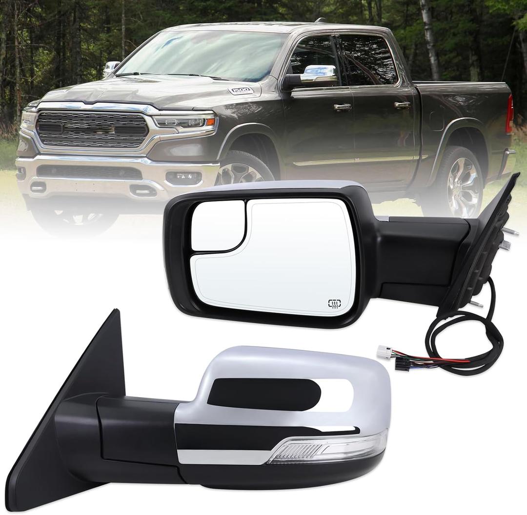 Left Driver Side Mirror Compatible With 2019 2020 2021 2022 2023 2024 2025 2026 Ram 1500 With Power Folding Heated Turn Signal Puddle Light Temperature Sensor Chrome Replace#68462769AB(8+6Pins)