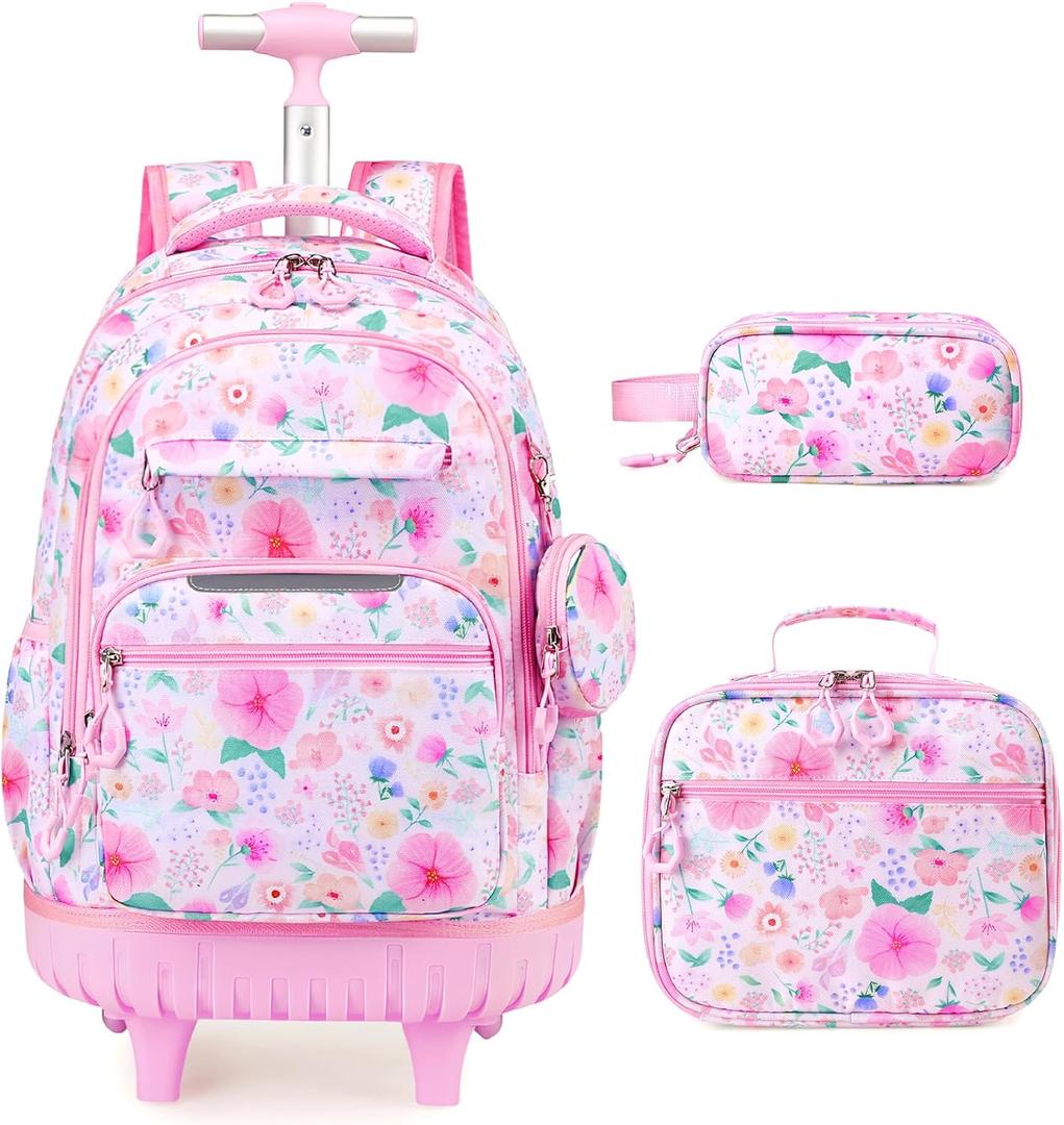 3 PCS Floral Rolling Backpack for Girls with Lunch Bag, Pink, Medium