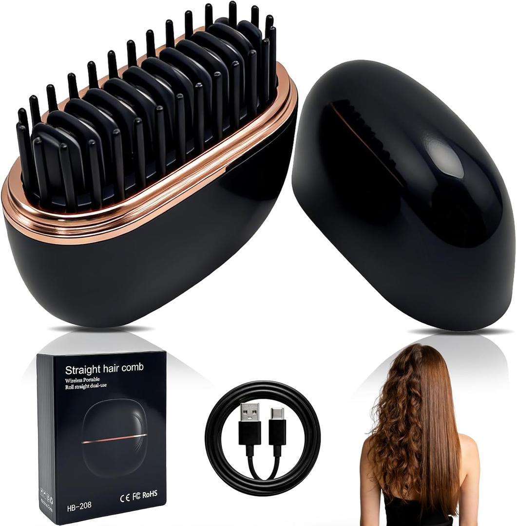 Mini Straightener,Rechargeable Portable Hair Straightener Brush,Fast Heating Hot Comb,Anti Scald Shell,3Speed Temperature Control,Lightweight Mini Hair Straightener Brush for Home Travel Gift (Black)