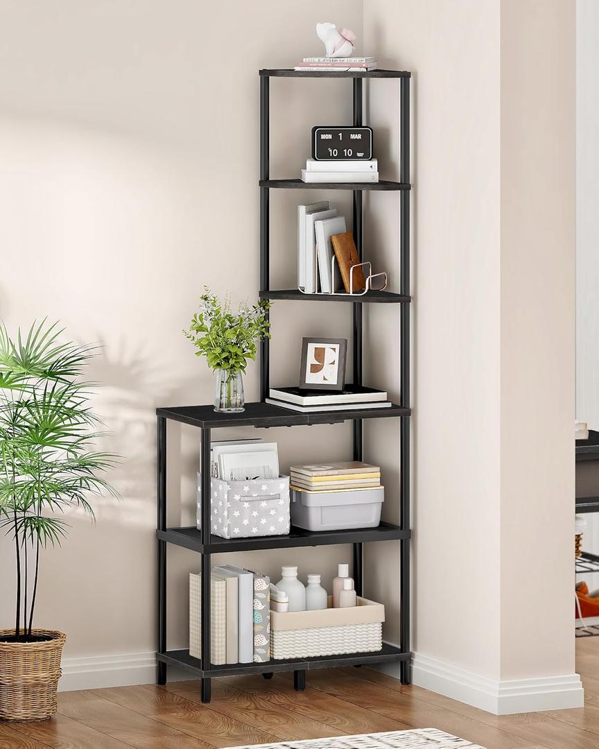 6-Tier Corner Shelf, Industrial Corner Bookshelf with Desk Top, Diamond-Shaped Storage Shelves, Display Stand for Small Spaces, Living Room, Home Office, Foyer, Black TCJ70BB