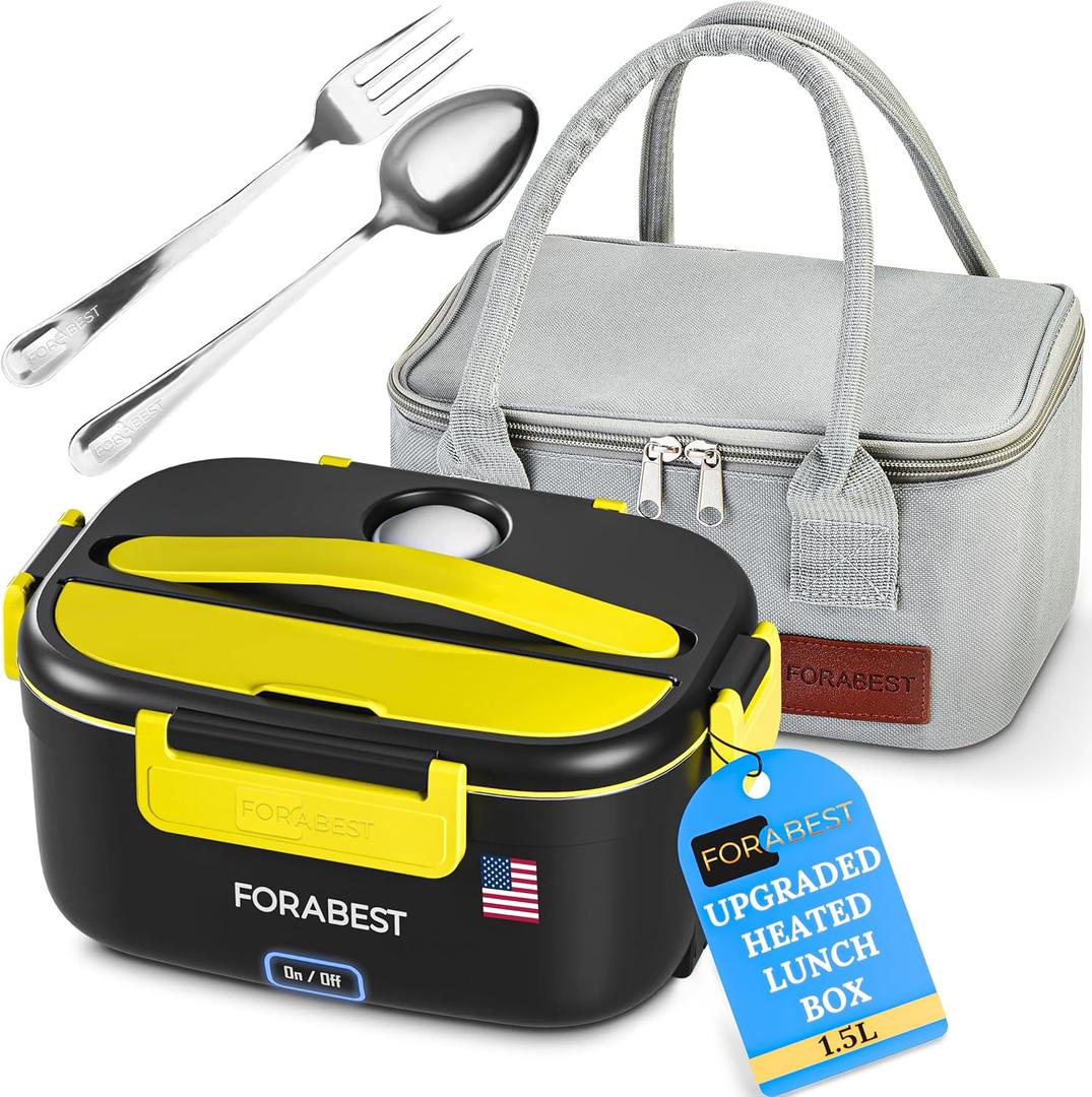FORABEST Heated Lunch Box, 80W Electric Lunch Box for Adults, Portable Food Warmer with 1.5L Stainless Steel Container, Utensils & Carry Bag, On/Off Switch, 12V/24V Car/Truck & 110/120V Home/Office (Black Yellow)