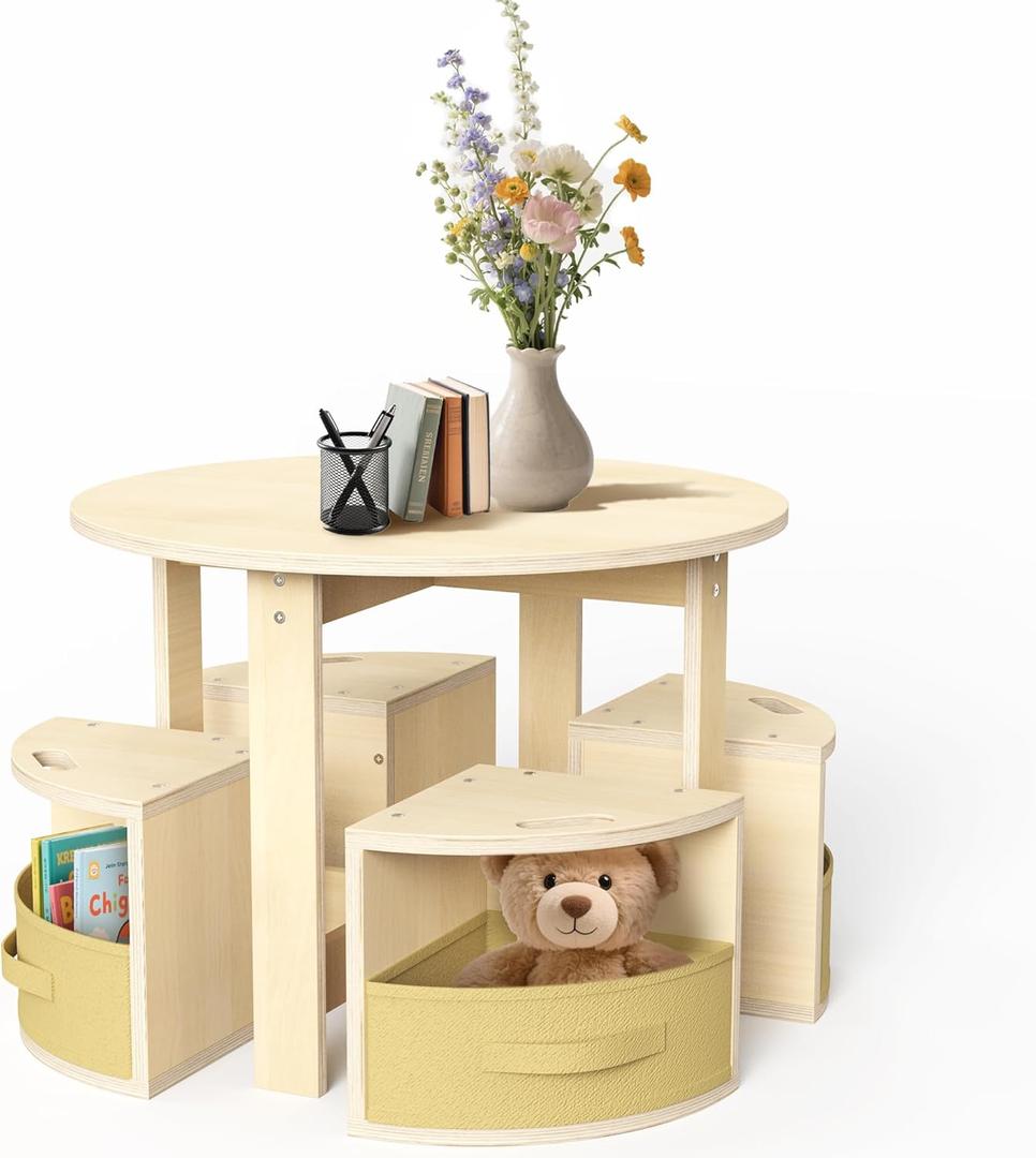 Toddler Table and Chair Set with 3 Storage Stools, Round Shaped Nesting Design, Kids Activity Table for Play/Art/Reading/Craft, Natural