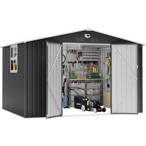 10x8 FT Outdoor Storage Shed, Metal Garden Shed - Tool Storage Sheds with Lockable Doors & 1 Clear Window, Waterproof Outside Storage Building for Backyard, Patio (Black; Floor Not Included)