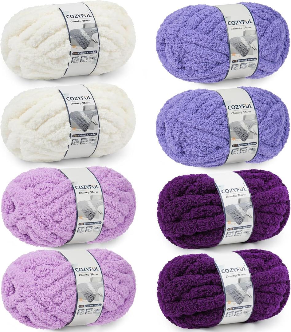 Chunky Yarn for Hand Knitting - #10 Chunky Chenille Yarn, Jumbo Big Thick Chunky Yarns for Crocheting, Super Bulky Chunky Knit Blanket Yarns, 8 Skein (25yd, 8oz/Skein), Cream & Multi Purple