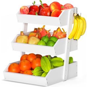 Gmtsl Bamboo Fruit Basket for Kitchen 3 Tier Fruit Bowl For Kitchen Counter, Large Fruit Holder With Banana Hangers, Idea For Vegetable Storage, Bread Display, Snack Organizer(White)