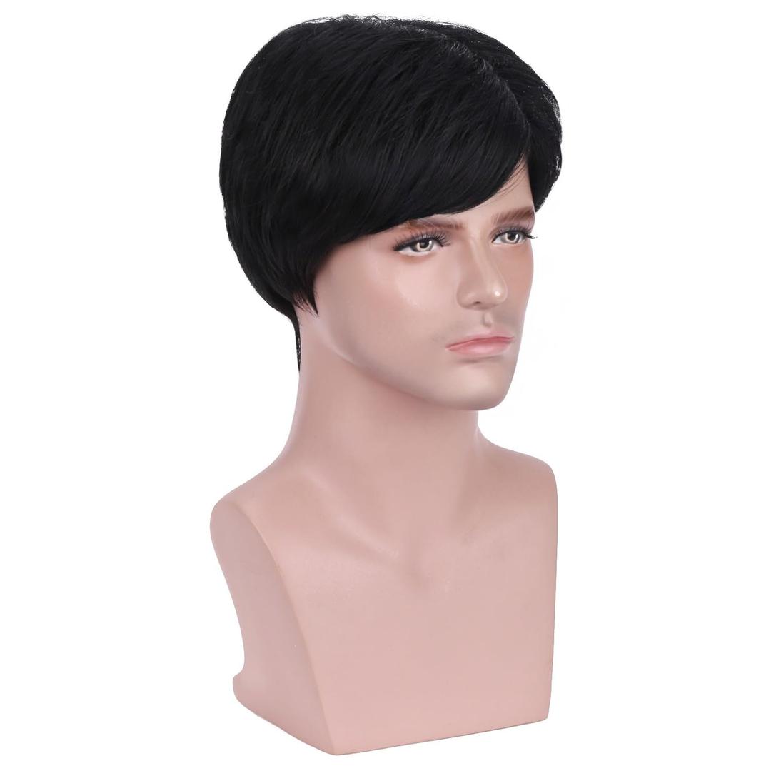 BERON Mens Black Wigs Short Straight Black Wig Male Black Wig Heat Resistant Daily Wear Costume Synthetic Wigs Come with Wig Cap (Natural Black)