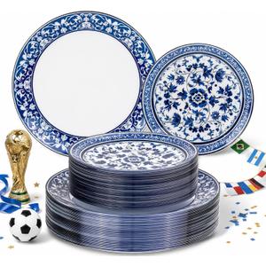 Hioasis 60pcs Blue Plastic Plates Set - Floral Blue & White Porcelain Design, 10.25" Dinner & 7.5" Dessert Plates Disposable for Wedding (Dishwasher Safe, Art Style)