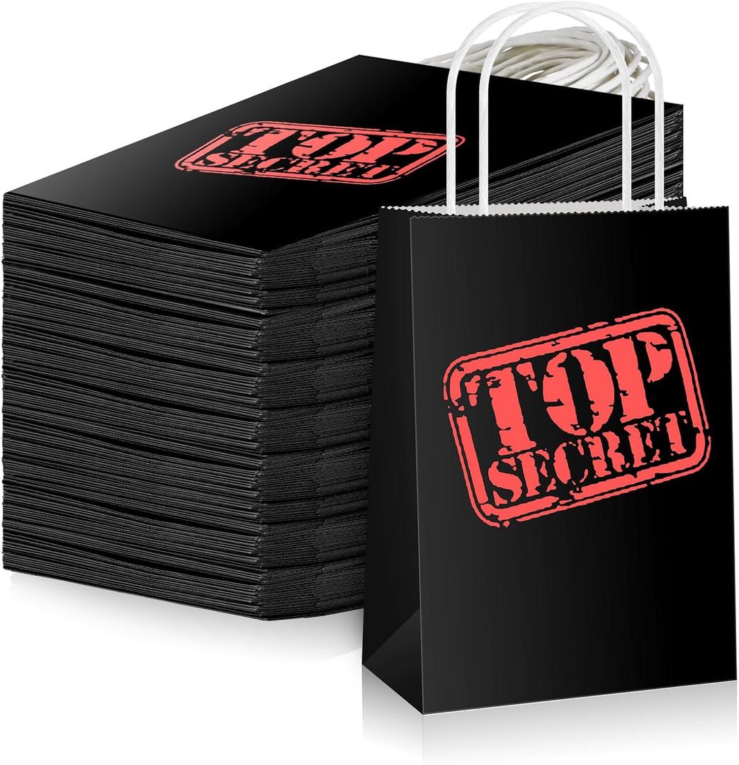 Lincia 32 Pcs Top Secret Spy Party Favors Bags Mysterious Secret Agent Goody Kraft Paper Treat Bags with Handles Mystery Spy Theme Birthday Party Supplies Escape Room Event Decorations