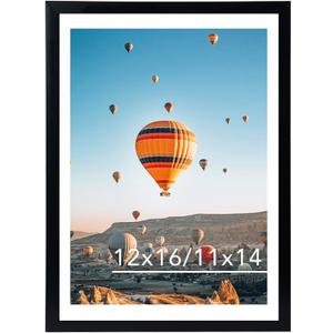 12x16 Picture Frame Black with 11x14 Mat, Display Photo 11x14 with Mat or 12 x 16 Without Mat, Wall Hanging Large Frame with Plexiglass, Black