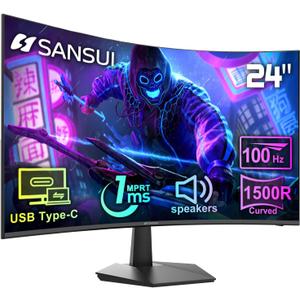 SANSUI Curved Monitor 24 inch 100Hz USB Type-C Computer Monitor with Built-in Speakers- MPRT 1ms,Adaptive Sync,HDR,1500R,VESA 75x75mm Compatible, for Home and Office(ES-24C1)