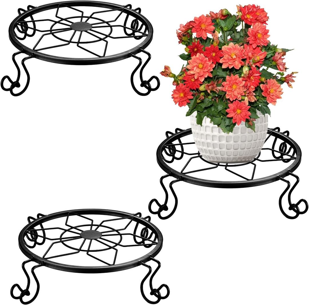 Metal pot holder, heavy-duty pot holder, indoor and outdoor rust proof metal pot container circular holder, home and garden decoration display stand (3-piece set in black)