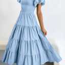 PRETTYGARDEN Women's Casual Summer Midi Dress Puffy Short Sleeve Square Neck Smocked Tiered Ruffle Dresses (Blue, XL)