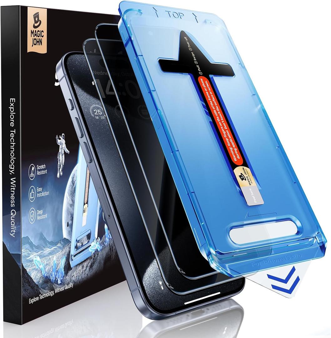 MAGIC JOHN 2 Pack for iPhone 15 Pro (6.1 inch) Privacy Glass Screen Protector, Anti-spy Tempered Glass Film, Auto Dust-Elimination Installation, Bubble Free, Case Friendly