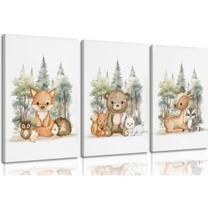 3 Pcs Nursery Woodland Animals Canvas Wall Art Fox Bear Deer Painting Picture Wall Decor Cute Wild Animals Poster Print Artwork For Baby Bedroom Kids Room Home Decoration (12inx16in Framed)