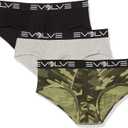 Evolve mens Cotton Stretch 3 Pack No Show Briefs (Large, Black/Heather Grey/Traditional Camo Army)