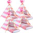 Windyun 4 Pack Kids Sleepover Teepee Tent Set Air Mattresses,Pink White | Girls Slumber Party Tents with Fitted Sheets, Blankets, Star Lights, Trays for Pajama Birthday Party Movie Nights, Approximately 1.6 m/ 5.25 ft long