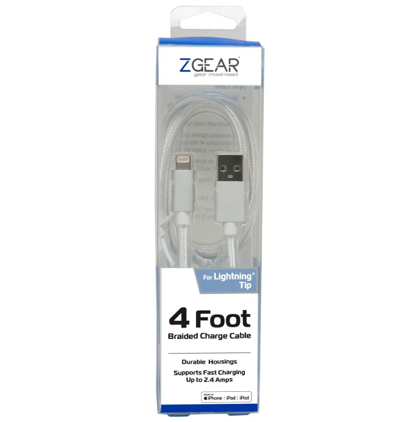 ZGEAR For Lighting Tip 4 Foot Braided Charger Cable