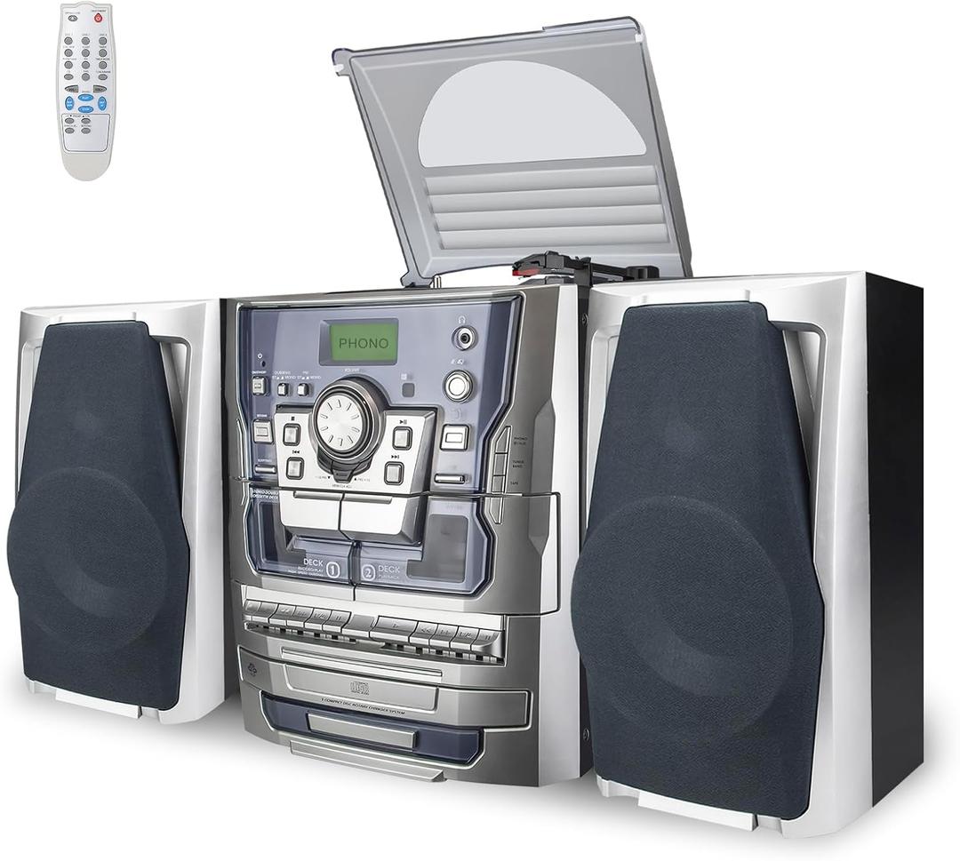 Bluetooth Vinyl Stereo Record Player, 3-Speed Stereo Turntable CD Player Music System with Dual Cassette Deck, Digital Alarm Clock FM Radio Coded CD Tape with Remote Control