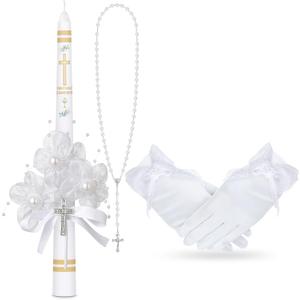 Conelist 3 Pcs First Holy Communion Candle Set for Girls Baptism Taper Candle with Rosary Beads Catholic Necklace Satin Gloves Gifts for Christenings Confirmation Favor Vela para Primera Comunion