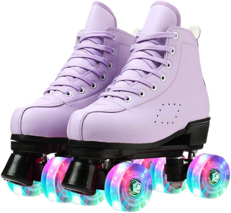 Roller Skates for Women and Men Cowhide High-Top Shoes Classic Double-Row Roller Skate Four-Wheel Roller Skates for Men Girls Unisex (39=US:7, purple flash)