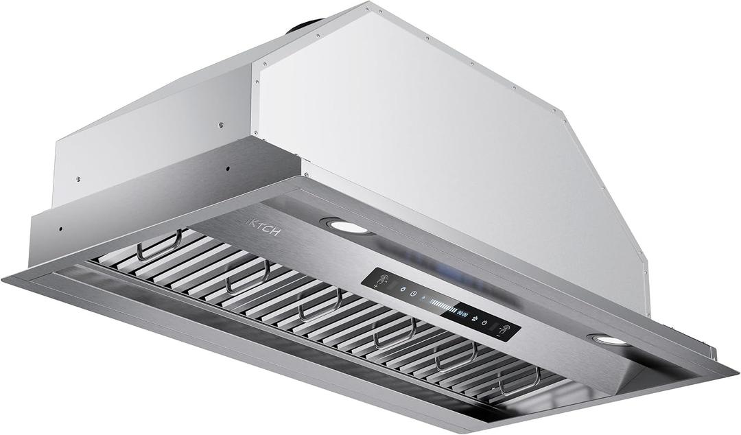 IKTCH 42 inch Built-in/Insert Range Hood 900 CFM, Ducted/Ductless Convertible Duct, Stainless Steel Kitchen Vent Hood with 2 Pcs Adjustable Lights and 3 Pcs Baffle Filters with Handlebar