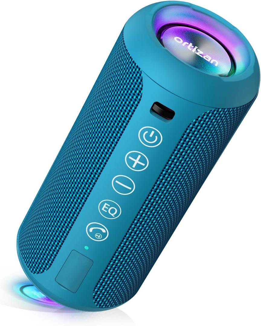 Ortizan Portable Bluetooth Speaker: IPX7 Waterproof, 24W Loud Sound, Deep Bass, Bluetooth 5.3, LED Lights, Wireless Stereo Pairing, 30H Playtime, for Home/Outdoor/Party/Beach, Birthday Gift, Blue