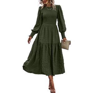 PRETTYGARDEN Women 2026 Spring Puff Long Sleeve Crewneck Smocked Maxi Dress Empire Waist Tiered A-line Swing Flowy Long Dress (L)