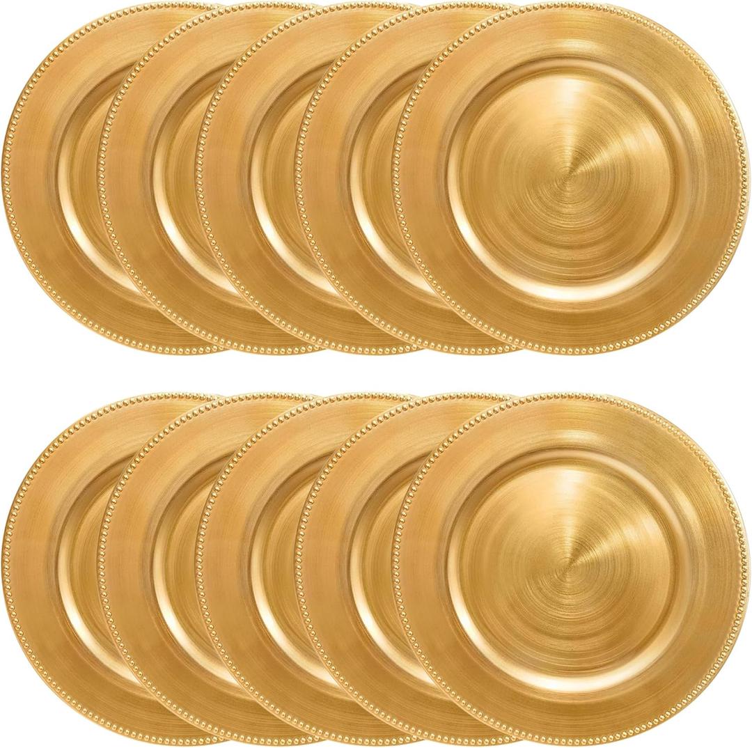 Gold Charger Plates 10PCS,13inch Round Beaded Plastic Charger Plates,Plate Chargers Bulk for wedding,Dinner,Party,Decoration (Gold 10)
