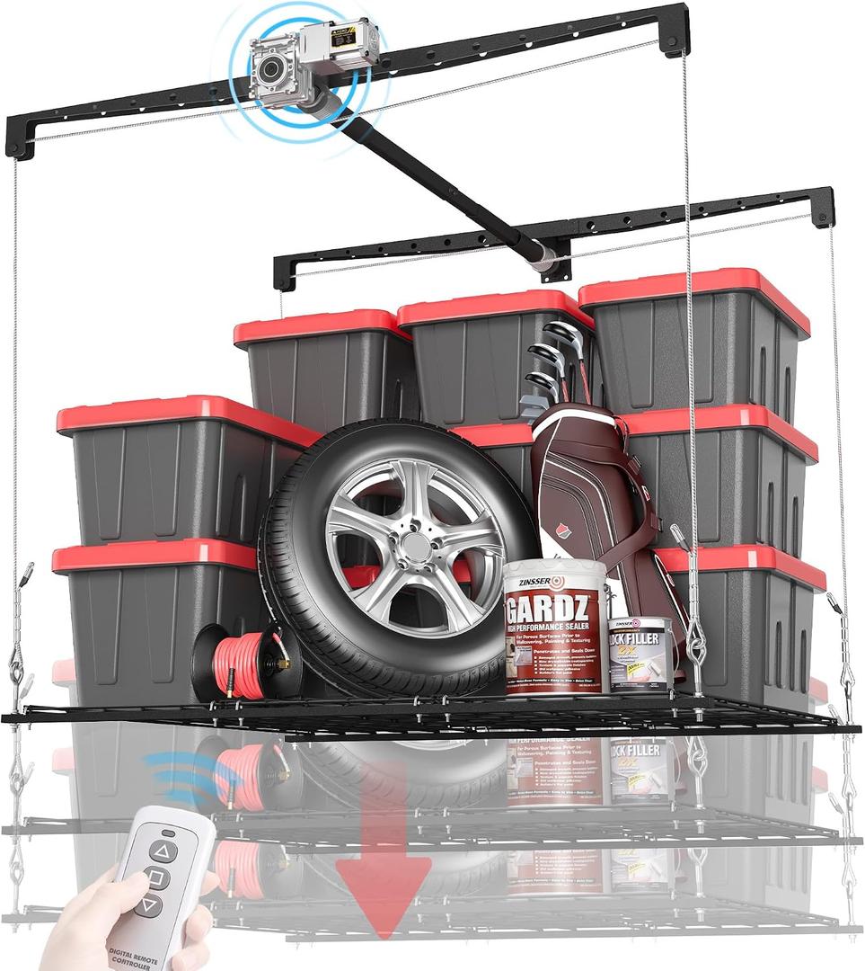 Motorized Garage Ceiling Storage Racks with Remote Control, 4x4 FT Overhead Garage Storage Rack, Heavy-Duty Lift Storage System, Space-Saving Hanging Shelves, 250 Lbs Capacity