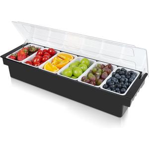 Bar Fruit Condiment Caddy With Lid,Bar Garnish Tray Caddy For Bartenders,Plastic Toppings Container For Fruits,Ice Cream,Salad(6 Compartment)