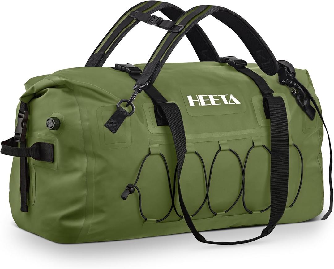 HEETA Waterproof Duffel Bag Motorcycle Dry Bag Backpack, 60L/80L Extra Large Rolltop Travel Duffle Bags with Straps & Handles for Kayaking Rafting Boating Canoeing Camping Gym Beach Cruise Ship (Green)