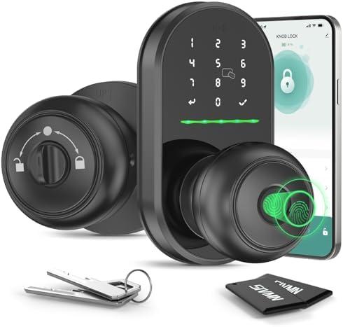 Keypad Smart Door Lock with Knob, Keyless Entry Door Lock, Fingerprint Door Knob for Front Door, Electronic Code, App Remote Control, Easy Installation, Auto Lock,deep Black
